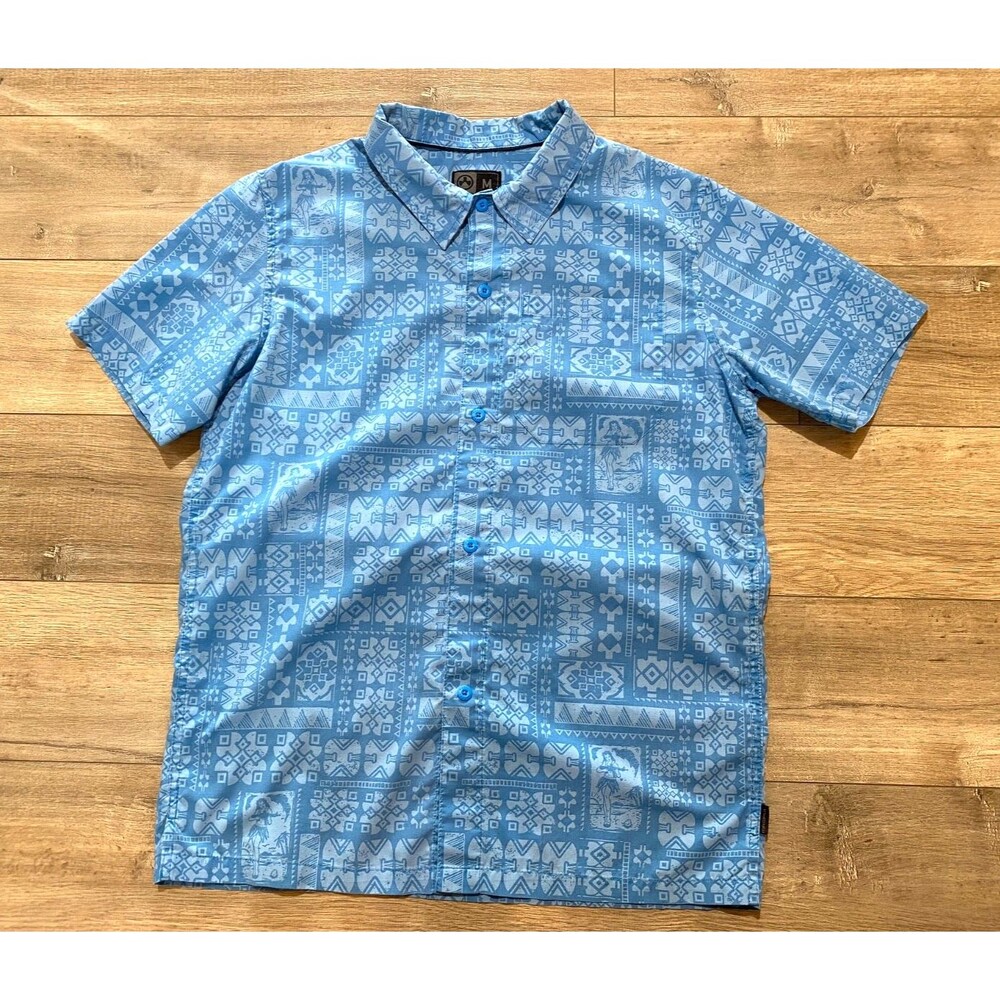Magpul Hawaiian Mens M Button Up Short Sleeve Camp Aloha Girl Blue Shirt
